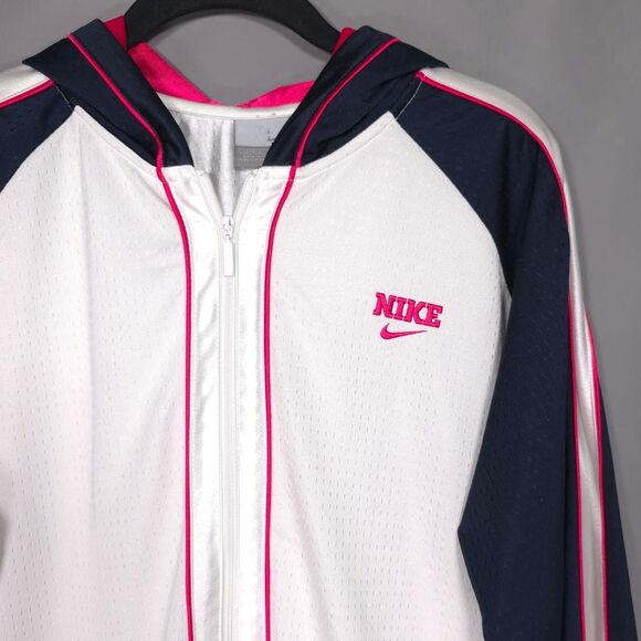 NIKE Vintage XL 16-18 Women’s Full Zip Hooded Track Jacket White Navy Pink S6BID - Picture 3 of 8